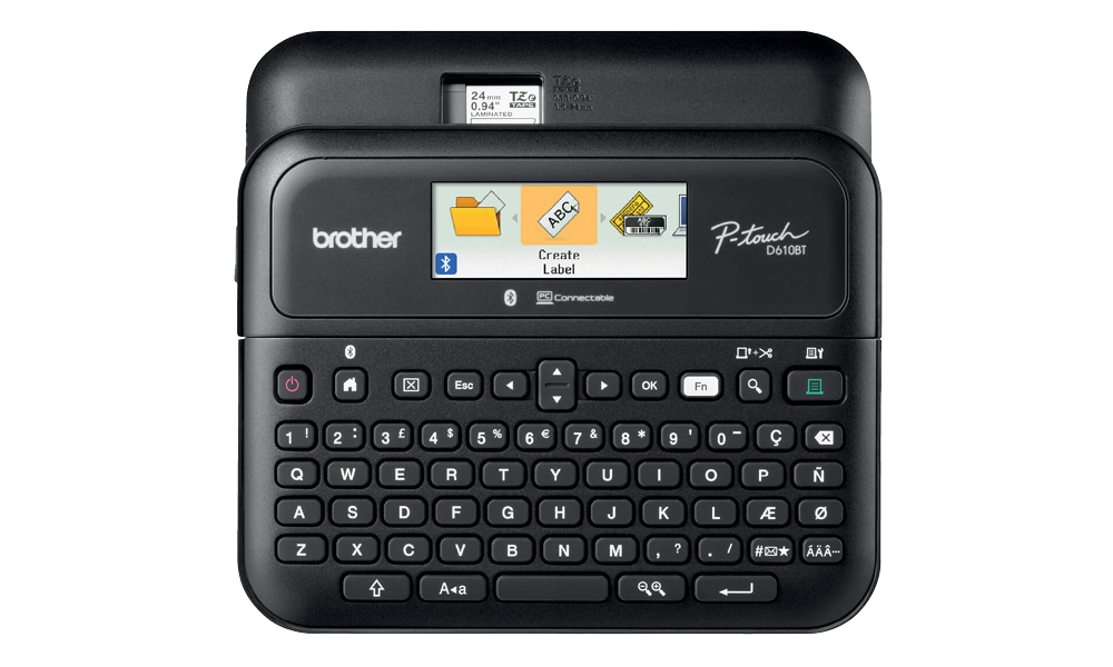 P-Touch H110 : Handheld/Mobile Printer, 2 lines of print, 3 fonts, 253 symbols, 16 frames, Manual cutter, uses 6, 9 & 12mm Laminated & Speciality Tapes, QWERTY Keyboard - (9 Volt Adapter Not Included)