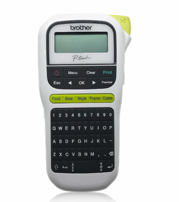 P-Touch H110 : Handheld/Mobile Printer, 2 lines of print, 3 fonts, 253 symbols, 16 frames, Manual cutter, uses 6, 9 & 12mm Laminated & Speciality Tapes, QWERTY Keyboard - (9 Volt Adapter Not Included)