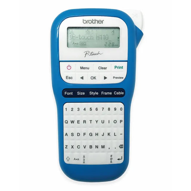 P-Touch H110 : Handheld/Mobile Printer, 2 lines of print, 3 fonts, 253 symbols, 16 frames, Manual cutter, uses 6, 9 & 12mm Laminated & Speciality Tapes, QWERTY Keyboard - (9 Volt Adapter Not Included)